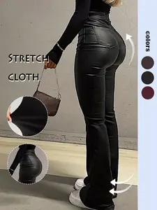 GILIPUR Y2K High Waist PU Flare Leg Pants Casual Comfy Plain Button Pocket Trousers Women's Ladies Bottoms For All Seasons Fall & Winter Clothes Stretchy PU Leather Flared Leg Pants Coated Flared Pants,Kardashian Style,Tchic