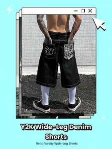 Y2K millennium-style wide-leg denim shorts for summer street style—retro varsity-inspired design with contrasting topstitching and a graphic back pocket embroidered patch; fashionable and versatile. Vintage Casual