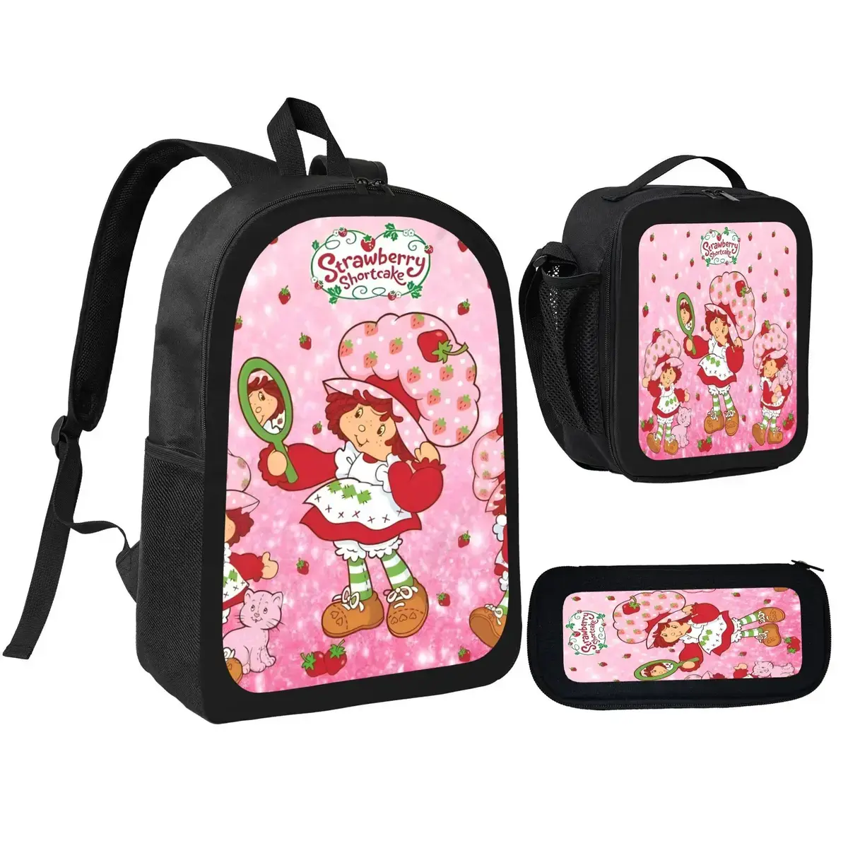 Strawberry Shortcake 3-in-1 School Set - Lightweight Large-Capacity 600D Oxford Cloth Backpack, Lunch Box, Pencil Case for Teens, Adjustable Straps, Comfortable Mesh Back Cushioning