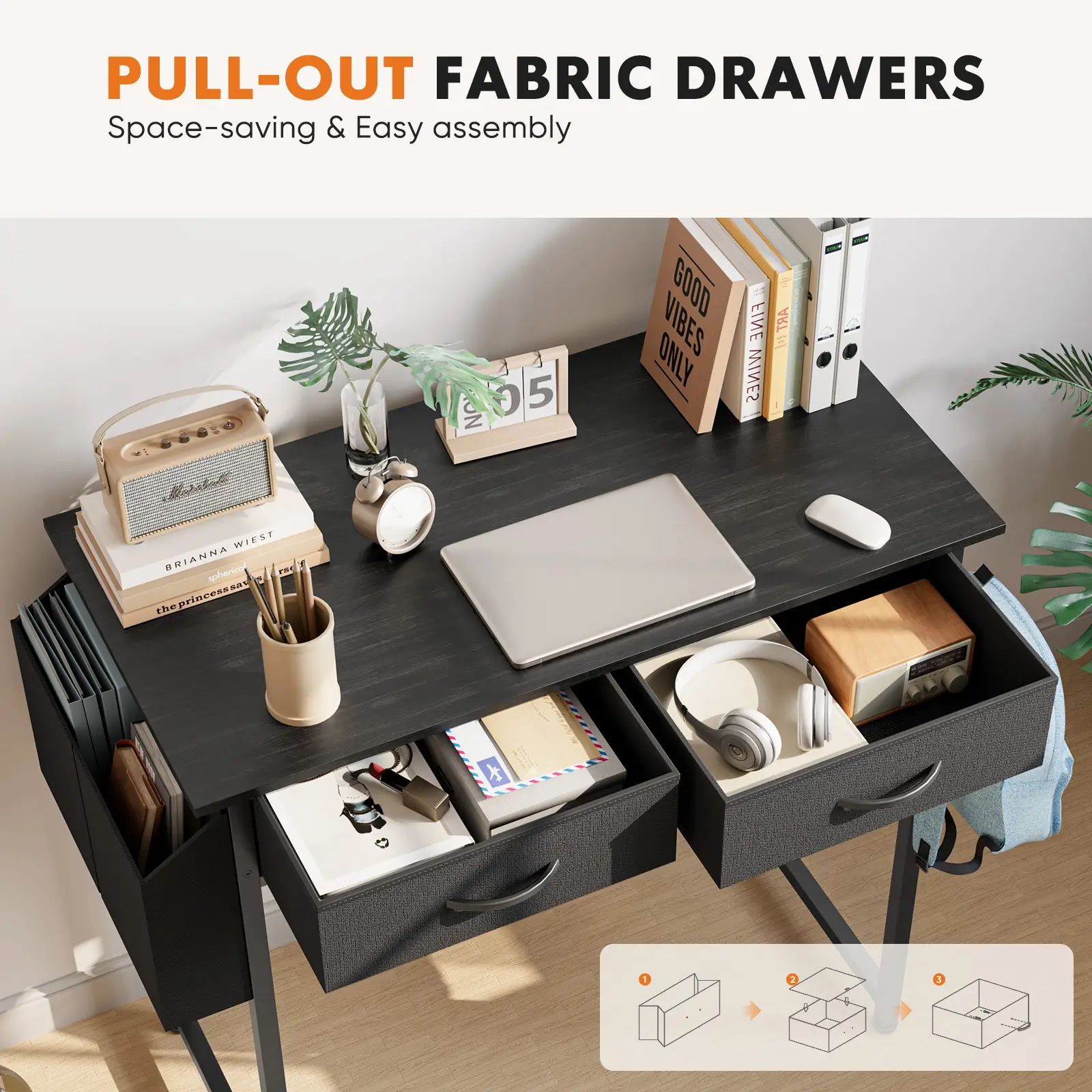 Furnest Computer Desk with Drawers Study Writing Table with Storage Bag Headphone Hook Adjustable Feet for Home Office Small Spaces