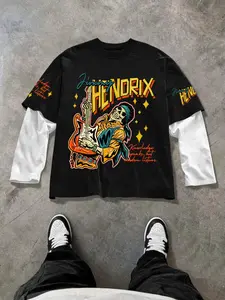 Men's Regular Fit Skull & Guitar Print Casual Graphic Design Long Sleeve Graphic Tee, Casual Comfy Round Neck T-shirt for Daily Wear, Men's Top for All Seasons