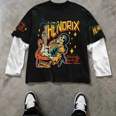 Men's Regular Fit Skull & Guitar Print Casual Graphic Design Long Sleeve Graphic Tee, Casual Comfy Round Neck T-shirt for Daily Wear, Men's Top for All Seasons