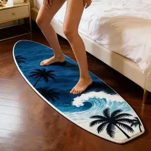 1pc American Retro Blue Surfboard Shape Bedroom Decoration Rug Ins Simple Coconut Tree Pattern Balcony Outdoor Washable Mat Soft and Comfortable Living Room Special-shaped Irregular Carpet Wave Beach Atmosphere Bathroom Non-slip Foot Mat