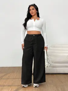 【Plus Size】Women's Casual Corduroy Pants, Button Zipper Closure, Plain Straight Leg Long Pants, All Seasons Wear, Fitted Style, Casual Chic Trousers