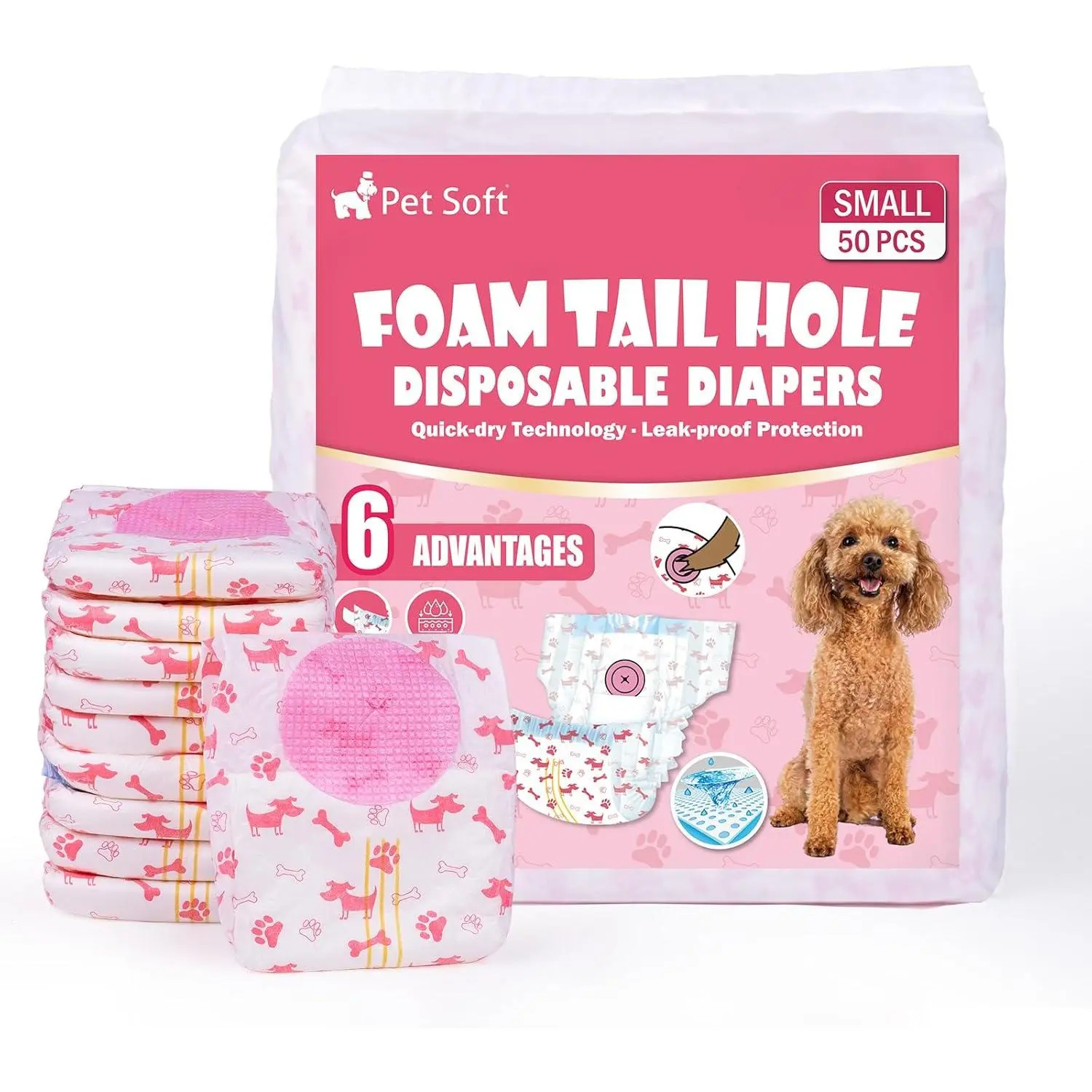 Disposable Female Dog Diapers with Adjustable Foam Tail Hole, Ultra Protection for Puppy & Cat, Wetness Indicator for Dogs in Heat or Incontinence, 50pcs (S,Red)