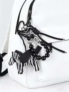 Trendy & Keychain with Zebra Pattern, Beaded Rope, Flower Pendant, Handmade Leather & Acrylic, Perfect Gift for Women, Girls