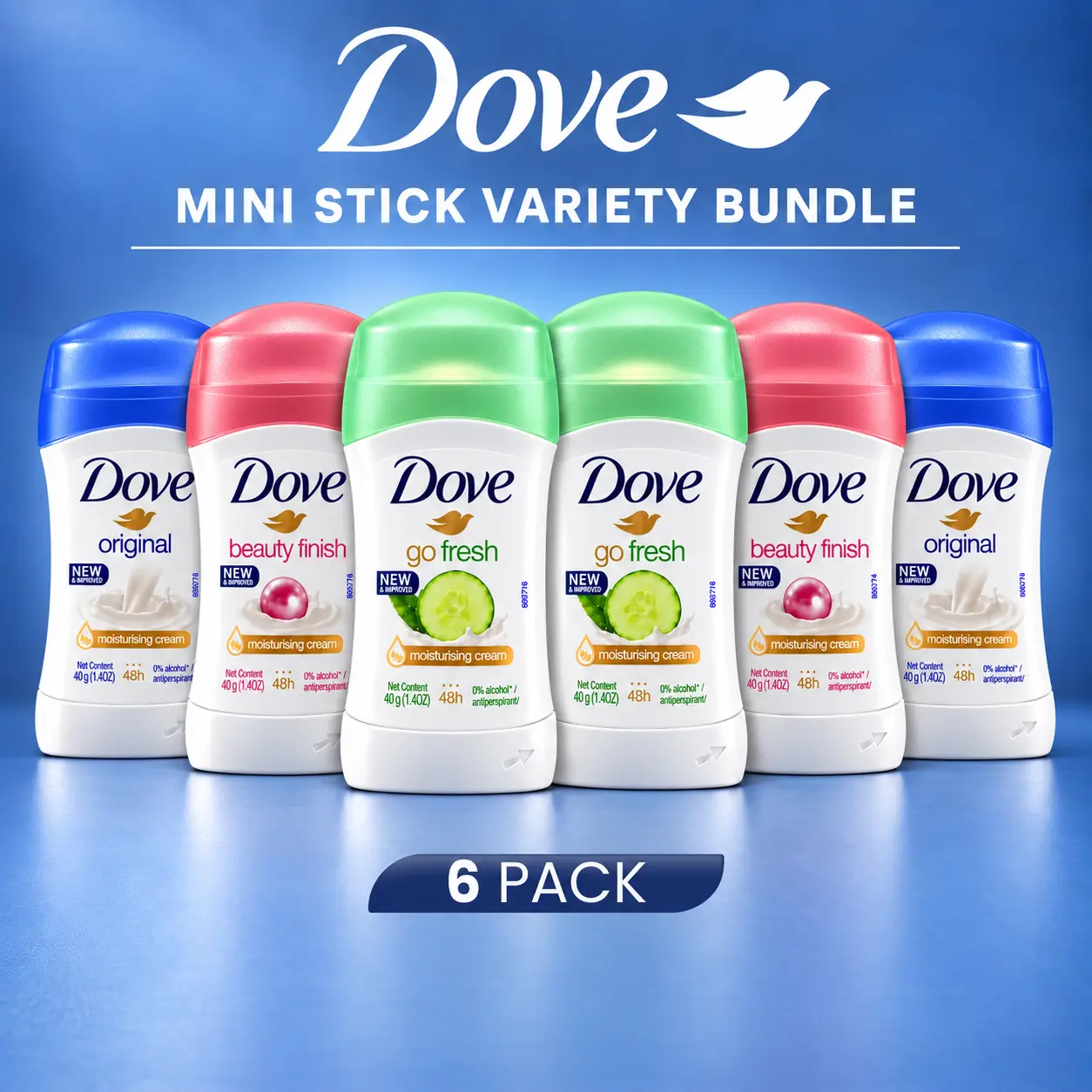Dove Women’s Mini Deodorant Stick Variety Bundle, 6-Pack (40g/1.4oz Each) - Body Care Deodorant Antiperspirants, Assorted Scents, 48hr Shield, Moisturizing Underarm Care, Travel Essentials