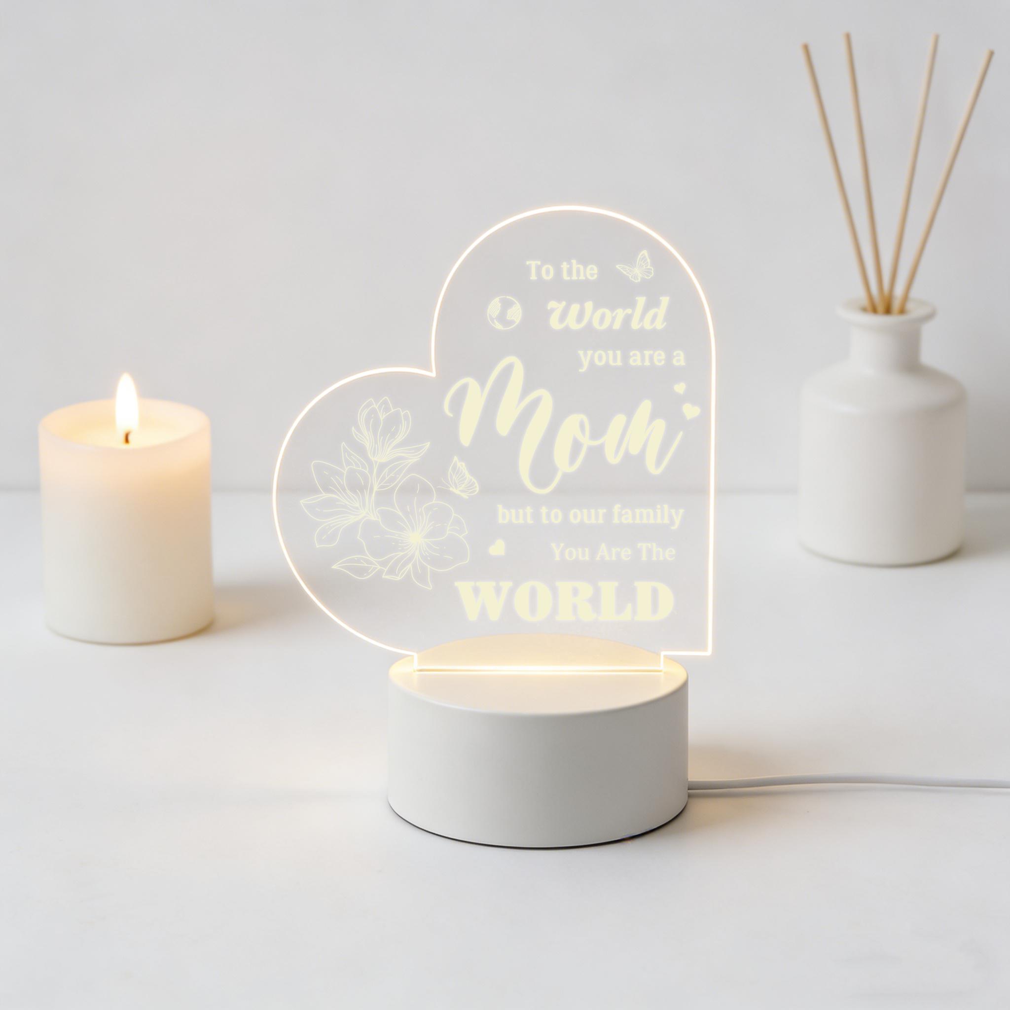 To The World You Are A Mom Heart 2D Acrylic LED Night Light, Warm White USB Bedside Lamp, Mother's Day Birthday Gift for Mom, Bedroom Home Decor