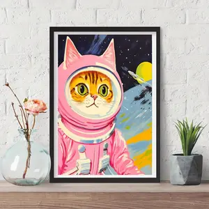 Pink Cat Astronaut Canvas Wall Decor – Retro Space-Themed Poster, Whimsical Artwork for Office, Bedroom, Living Room & Home