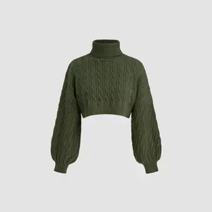 Cider [size 2-10] Cable Knit Turtleneck Solid Long Sleeve Crop Top