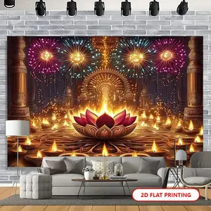 1pc 2D Flat Diwali Celebration Backdrop Banner - Vibrant Printing, Golden Lotus & Fireworks Design, Durable Polyester Wall Decoration for Living Room, Bedroom, Office, Birthday, Anniversary, and Ornaments White
