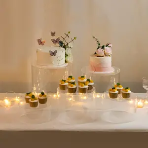 Set of 5 Acrylic Cake Stands 8.5", 9", 10", 11", 12" Round Cylinder Design Clear - Display Risers for Weddings
