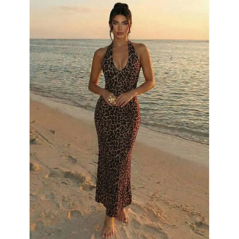 Women's Deep V-Neck Halter Sleeveless Leopard Print Bodycon Dress - Brown Checkered Fabric, Casual Wear, Flattering Fit, Summer Evening Party Cocktail Dinner Date