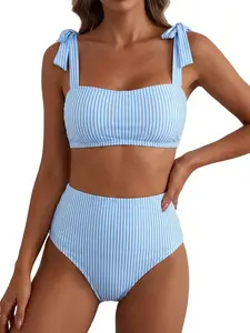 JointlyCreating Women's Tie Shoulder Bikini Sets 2 Piece Striped Swimsuits High Waisted Bathing Suits for Summer Beachwear