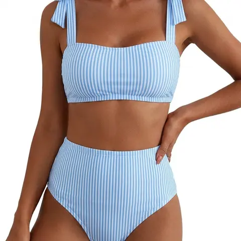 JointlyCreating Women's Tie Shoulder Bikini Sets 2 Piece Striped Swimsuits High Waisted Bathing Suits for Summer Beachwear