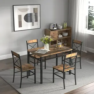 Rustic Brown Wood Dining Table Set for 4 - Compact Kitchen Table & Chairs for Small Spaces, Farmhouse Dinning Room Set, Sturdy Wooden Breakfast Nook Set