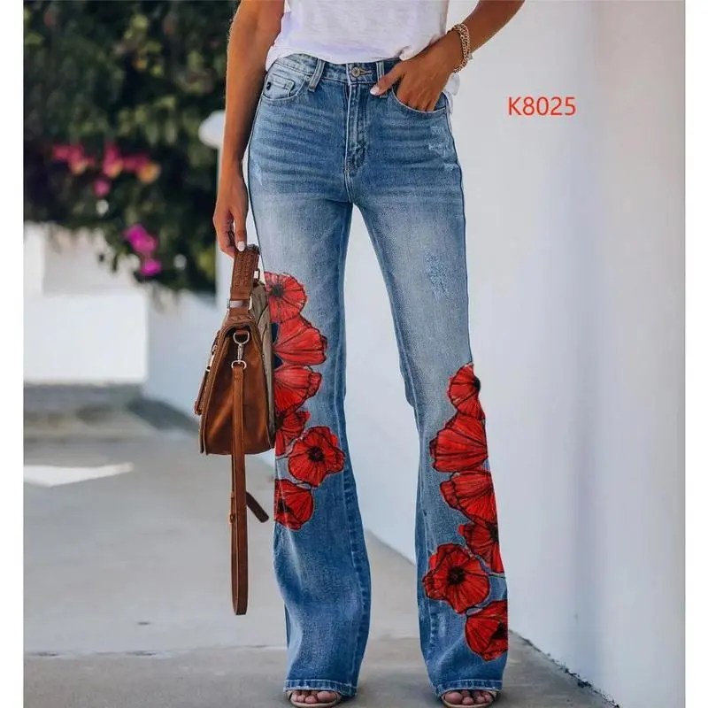 2025 New European and American Large Size Printed Imitation Denim Thin Jeans Women Fashionable Versatile Casual Comfortable 2025 New European and American Large Size Printed Imitation Denim Thin Jeans Women Fashionable Versatile Casual Comfortable