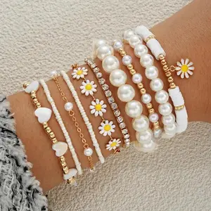 10 Pcs Vintage Bohemian Bracelets – Daisy Flower & Star Heart Pearl Stackable Fashion Jewelry Set