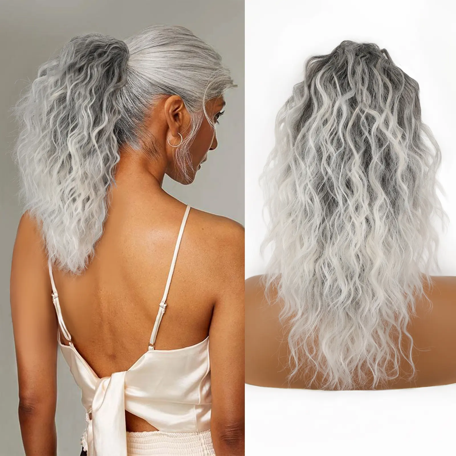 18inch-Sliver Mix Gray Claw clip Ponytails