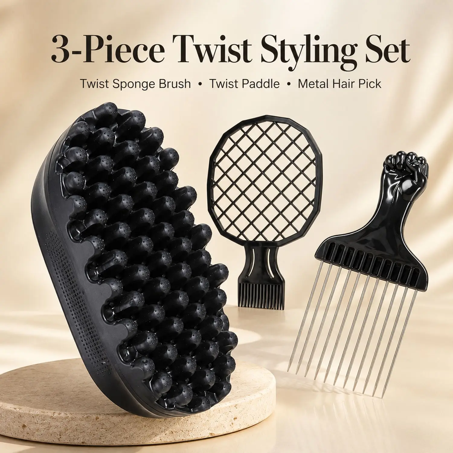 3PCS Twist Curl Styling Set for Afro Hair, Twist Sponge Brush, Hairstyle Brush, Twist Paddle Kit with Metal Hair Pick & Curl Comb, Easy Simplifies Styling Tools for Defining Curls, Coils, Waves & Short Natural Hair