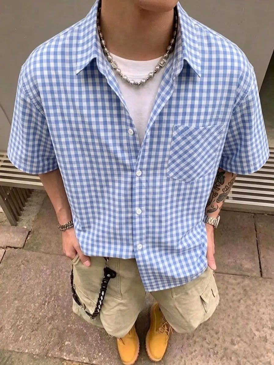 Men's Classic Plaid Shirt, 100% Cotton Collared Neck Summer Top, Lightweight and Breathable Retro Style with a Neat Fit for Vacation or Evening Wear, Teenage Boys, Husbands, Button, Casual, Fashion, Color-Sorted Wash, Do Not Bleach
