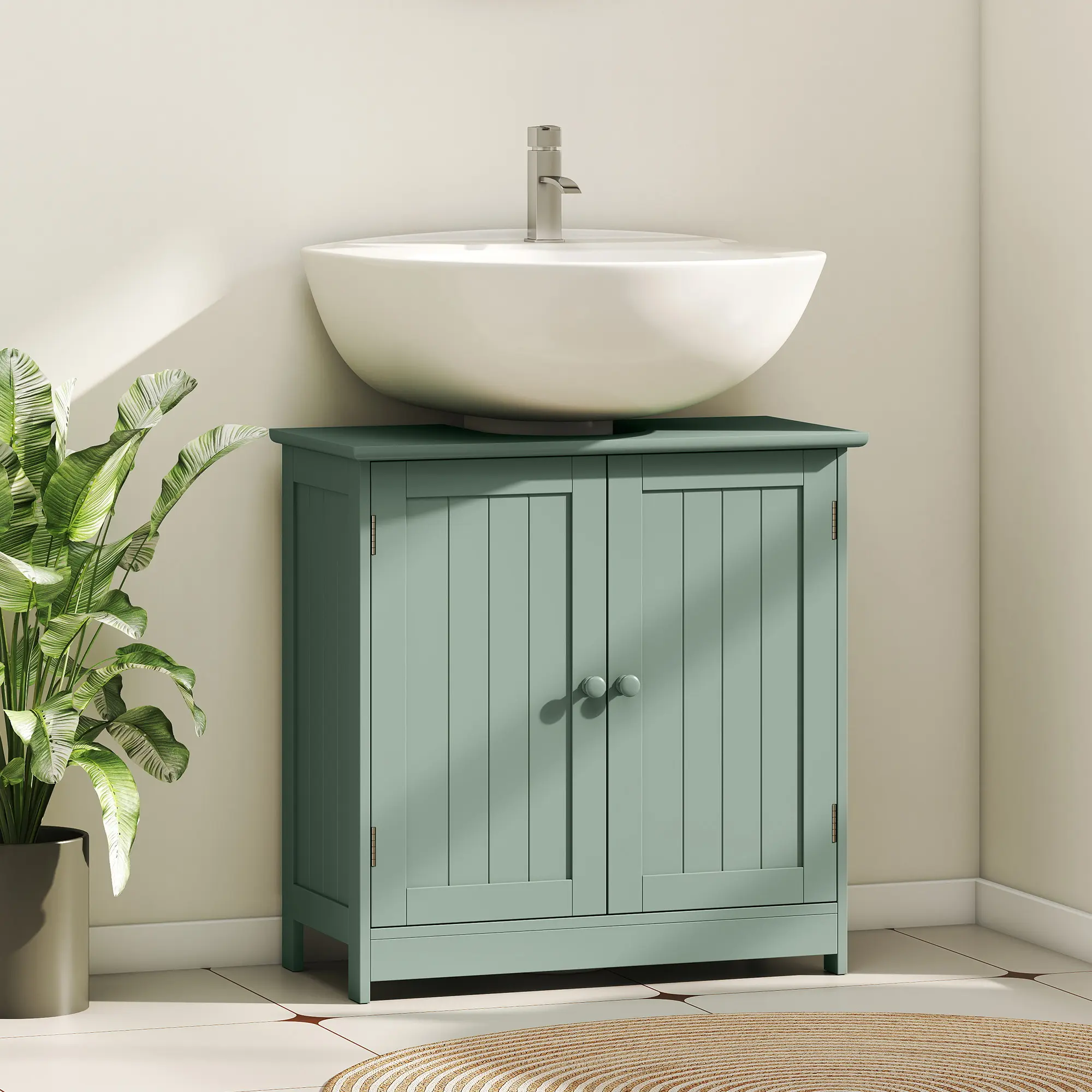 U-Shaped Under Sink Bathroom Cabinet – Fits Under Pedestal or Wall-Mounted Sinks. Adjustable Shelf for Custom Storage. Double Doors Protect Items from Moisture. Solid MDF. Holds 33 lbs. Dark Green