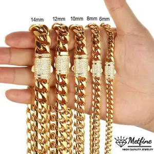 Hip Hop Stainless-Steel Miami Cuban Link Chain Necklace Spring Buckle Closed Cuban Chain
