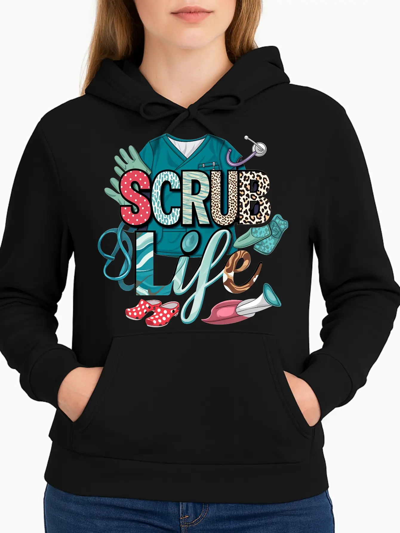 Women's Scrub Life Black Hoodie - Medical Scrubs Tops with Stethoscope & Shoes Design, Personalized Unisex Soft Casual Fabric, Cozy Fleece Long Sleeve Sweatshirt for Nurses, Winter Fit, Made in USA