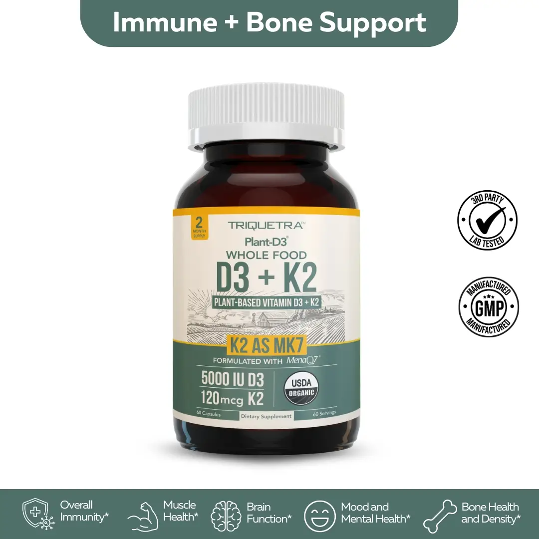 Organic Plant D3 + K2 Capsules - 5000 IU D3 + 120 mcg K2 (MenaQ7) - Whole Food, Vegan - Enhanced Digestion with Prebiotic Superfood Complex
