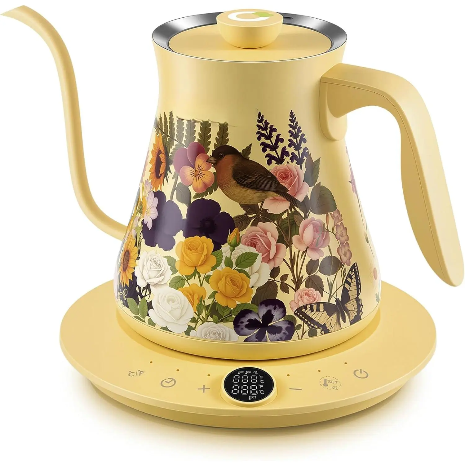 Stainless Steel Gooseneck Spout Electric Kettle - 0.8L/27oz, 1200W Fast Heating, 104°F ±1°F Precise Temp Control, Keep Warm, Auto Shut-Off, Built-in Brew Timer, Non-Toxic BPA-Free, Floral Design for Coffee Lovers' Pour Over Coffee & Tea Use