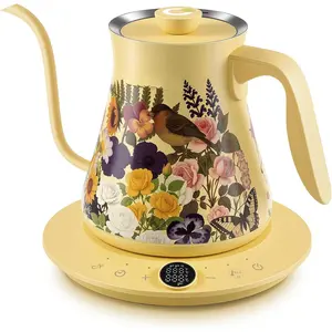 0.8L/27oz Gooseneck Electric Kettle - ±1 ℉   Precise Temperature Control for Pour Over Coffee & Tea, 1200W Fast Heating, Auto Shut-Off, Built-in Brew Timer, BPA-Free Stainless Steel, Floral