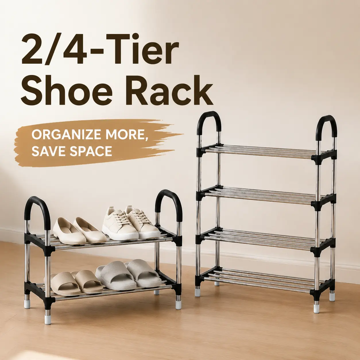 2-Tier/4-Tier Carbon Steel Shoe Organizer, Modern Space-Saver Home Storage Rack with Metal Base