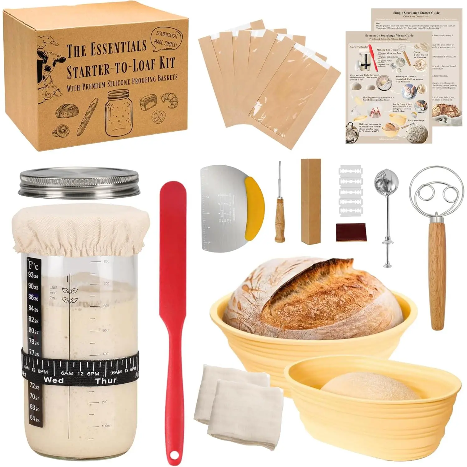 Sourdough Starter Kit, Complete Starter-To-Loaf Set with Instructions, Sourdough Starter Jar, Silicone Proofing Baskets, Danish Dough Whisk, Dough Scraper, Bread Lame & Sourdough Baking Supplies
