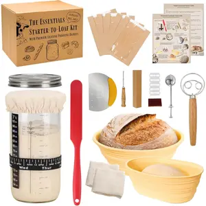 Sourdough Starter Kit, Complete Starter-To-Loaf Set with Instructions, Sourdough Starter Jar, Silicone Proofing Baskets, Danish Dough Whisk, Dough Scraper, Bread Lame & Sourdough Baking Supplies