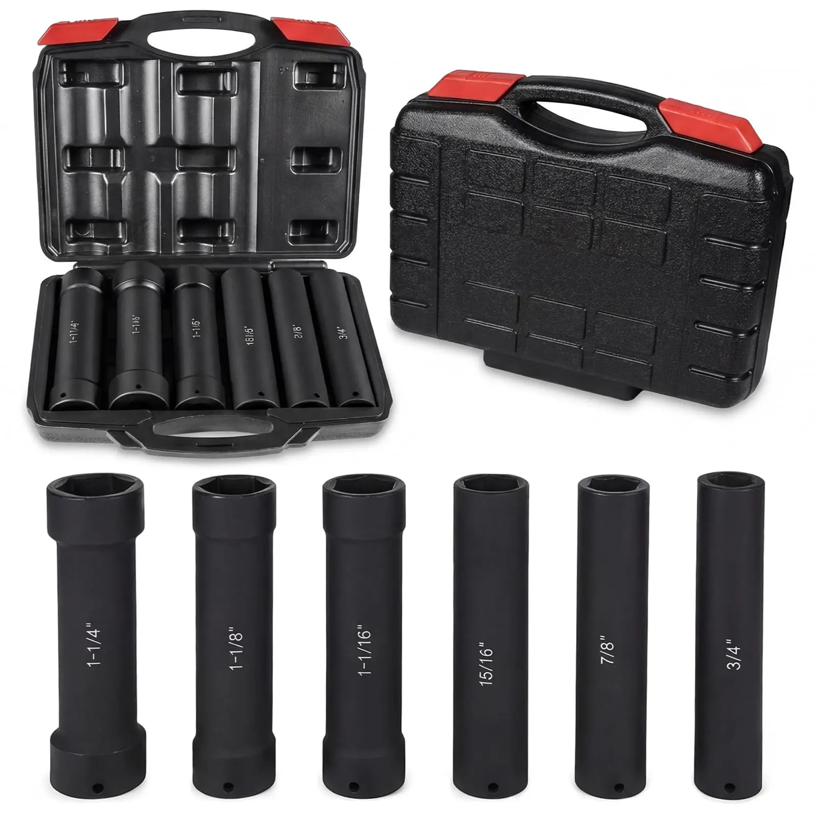 Maeklon 1/2 Inch Drive Extended Length Impact Socket Set, 6 Pcs Extra Deep Impact Socket Set, Hex Size 3/4", 7/8", 15/16", 1-1/16", 1-1/8", 1-1/4", for High Torque Applications with Case