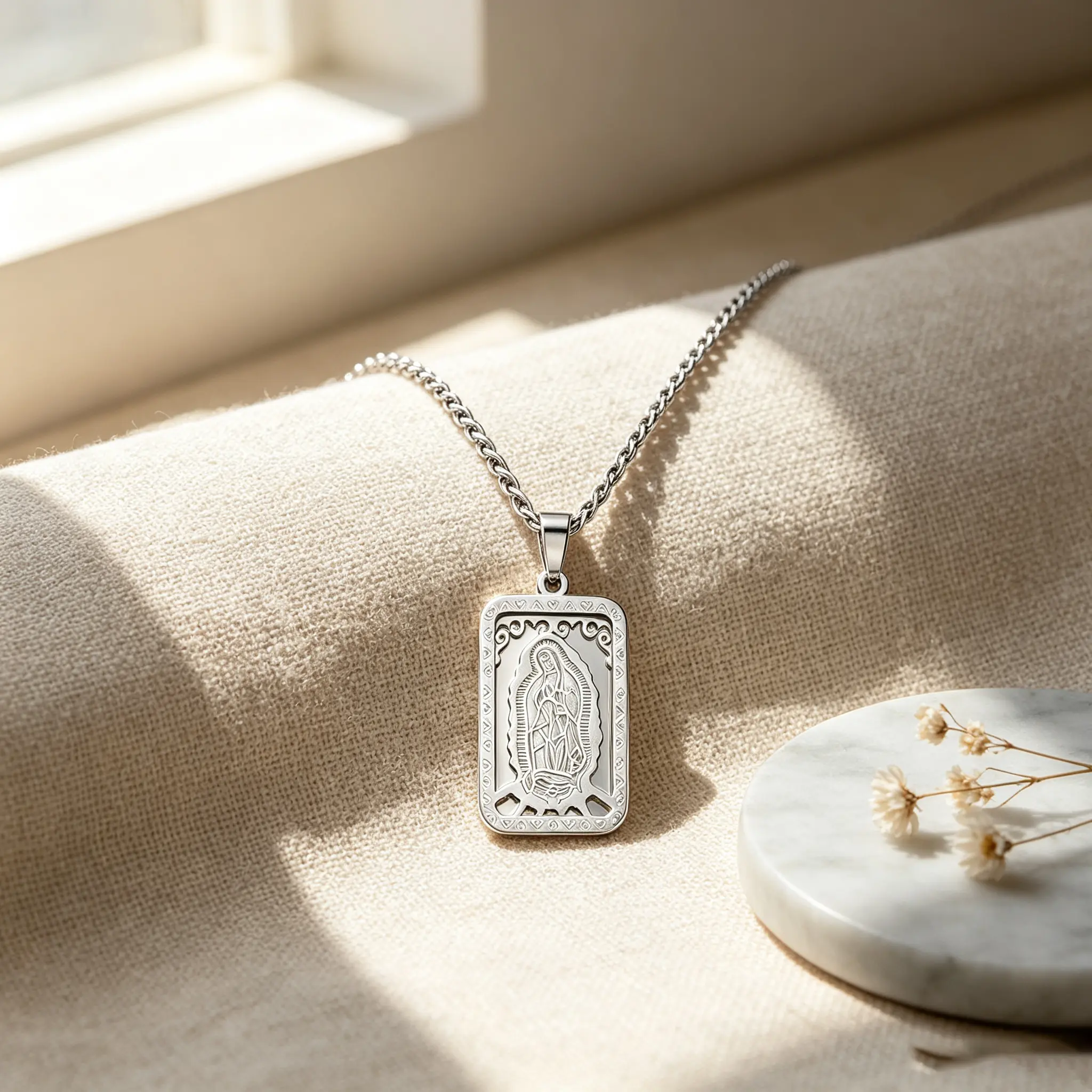 Our Lady of Guadalupe Necklace for Men Women Stainless Steel Rectangle Virgin Mary Pendant Catholic Religious Amulet Necklace with Leather Pouch Faith Jewelry Gift