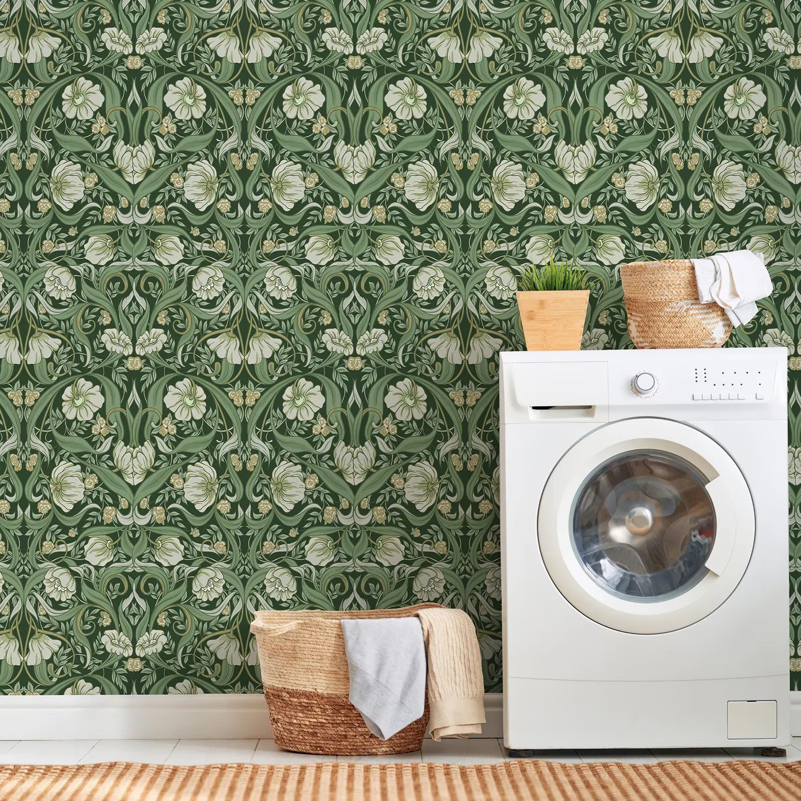 Green Floral Peel and Stick Wallpaper Vintage Botanical Wall Decor, Removable Self Adhesive Wallpaper for Laundry Room, Bedroom & Home Makeover