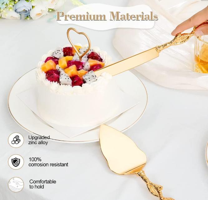 Cake Cutting Set for Wedding, Personalized Gold Cake Knife and Server Set, Custom Cake Serving Set, Engraved Pastry Pie Server Cake Pizza Cutter, Birthday Bridal Gift (F-Rose)