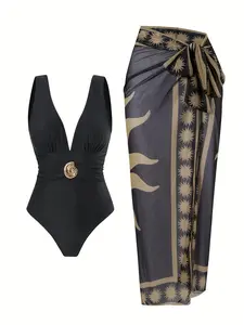 Black Deep V One Piece Bathing Suit with Sun Print Sarong Wrap Tummy Control Swimsuit Cover Up Set Boho Resort Vacation Outfit for Women Casual Womenswear Summer Dress