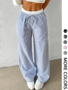 Women's Striped & Patchwork Print 2-in-1 Drawstring Waist Wide Leg Pants, Casual Elastic Waist Pocket Trousers for Spring & Fall, Fashion Women's Bottoms for Daily Wear