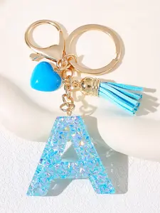 Women's Fashion Initial Keychain Blue Heart Tassel Resin Letter a M K S Pendant Key Chain Wallet Handbag Decoration Gift Keychain For Bags