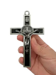 St. Benedict Crucifix Wall Cross, 5x2.7 Inch Metal Wall Art, Black White Brown Enamel Saint Benedict Crucifix ,Catholic Gift for Home & Car Decoration, Stylish Religious Decor