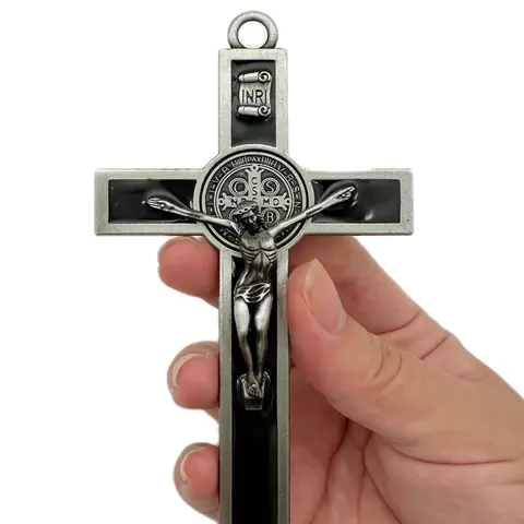 St. Benedict Crucifix Wall Cross, 5x2.7 Inch Metal Wall Art, Cross Design, Black White Brown Enamel Saint Benedict Crucifix ,Catholic Gift for Home & Car Decoration, Stylish Religious Decor, Religious Decorations