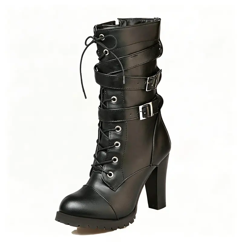 Women's Gothic Punk Chunky-Soled Mid-Calf Rubber Boots - Lace-Up Buckle-Strap, High-Heel, Synthetic Footwear, Round-Top, Alternative Baddie Platform Shoes for Party Wear