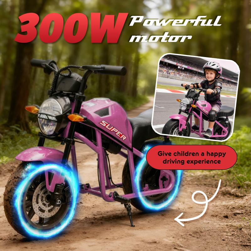 Treaded Fun Nook,24V XL Electric Ride-On Motorcycle for Kids 6+, Electric Mini Kids Dirt Bike, 300W High-Speed Motor, Dual Suspension, 14in EVA Wheels, Twist Throttle, Music & Lights