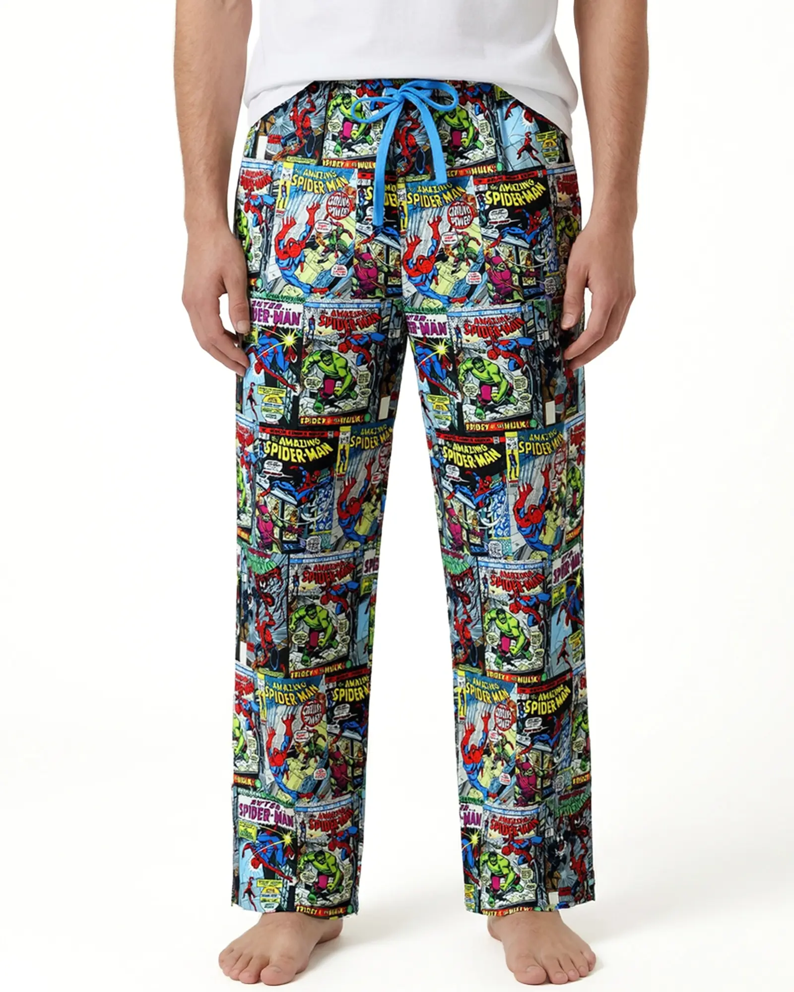 Men's Pajama Pants, Spider-Man Comic Panel Print Sleepwear in Smooth Stretch Polyester Spandex with Pockets & Drawstring, Fabric