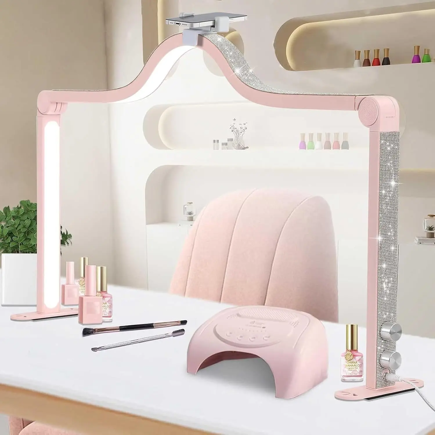 Half Moon Light for Nail Desk, 34 Inch Foldable Square Nail Tech Lamp, Dimmable Half Moon Nail Light with Phone Holder for Manicure, Lash Eyelash Extension, Tattoo, Eyebrows, Crafts