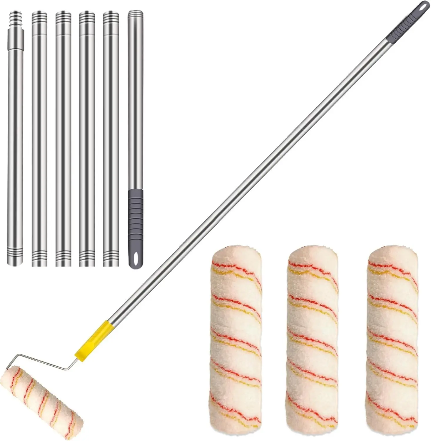 Paint Roller Kit,Paint Roller Brush Set Stainless Steel Pole and 3pcs 9Inch Roller Covers,Multi-Function Long Paint Roller Household Wall Painting Tool,for Walls and Ceiling (8FT Paint Roller kit)