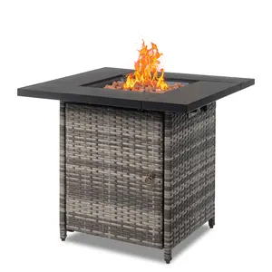 28 inch Wicker Propane Fire Pit Table,Gas Fire Pits Table for Outside,50000 BTU Propane Firepit with Lid &Lava Rocks&Explosion-proof mesh,Gas Firepit for Garden,Yard