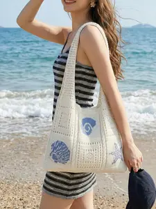 Women's Crochet Beach Tote Bag, Summer Leisure & Vacation, Hollow Design, Large Capacity, Foldable, Sandproof, Ideal for Travel & Daily Use